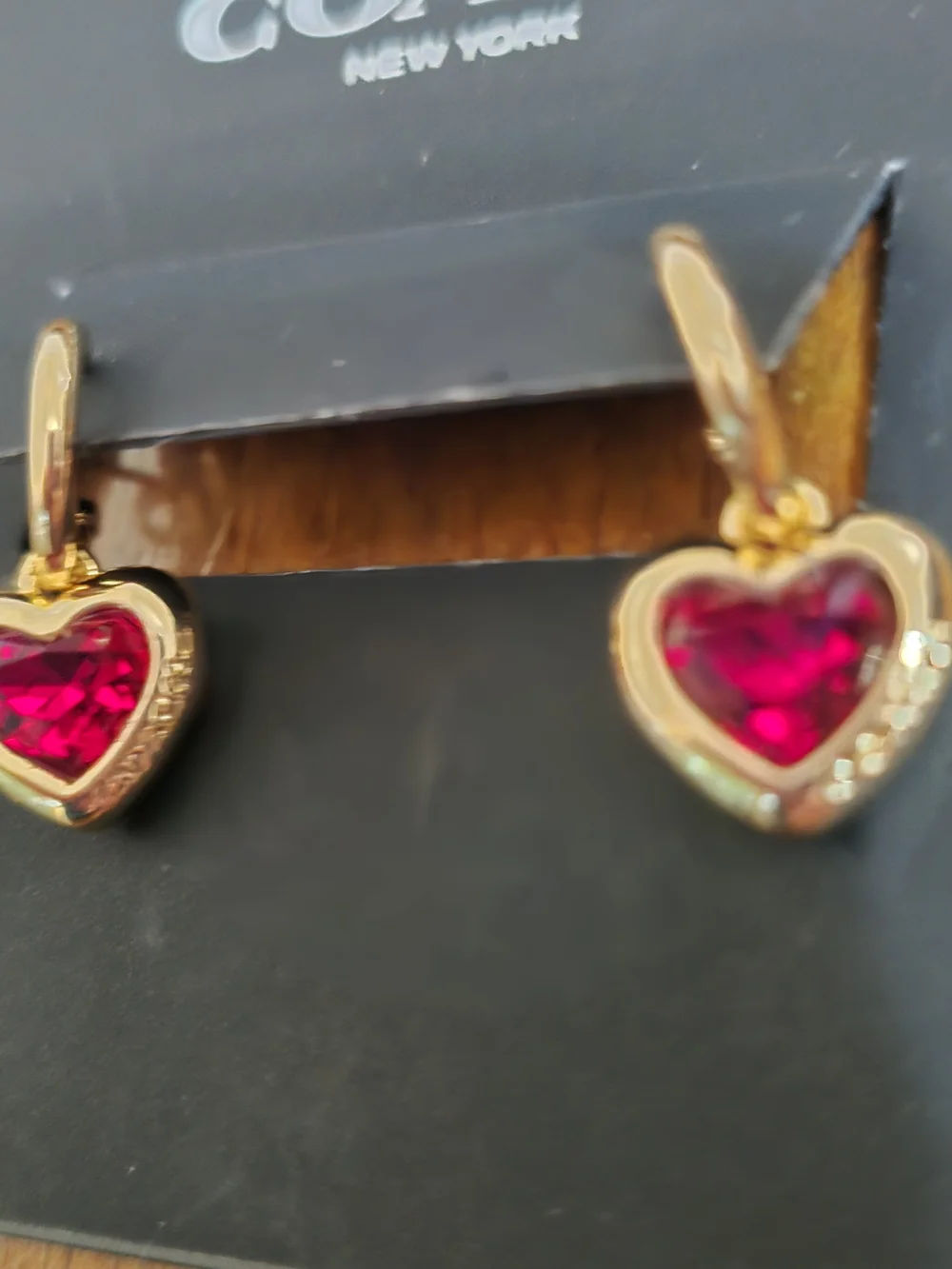 COACH Gold-Tone Heart Hoop Earrings with Ruby Gemstones - Picture 2 of 3